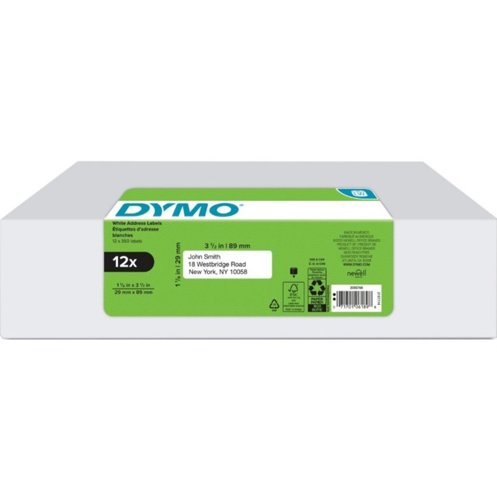 NEWELL BRANDS INC. 2050768 DYMO LabelWriter Address Labels, 1-1/8in x 3-1/2in, Rectangle, White, 350 Labels Per Roll, Pack Of 12 Rolls
