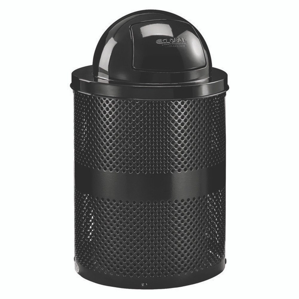 GLOBAL INDUSTRIAL 261949BK Outdoor Perforated Steel Trash Can with Dome Lid, 36 gal, Steel, Black