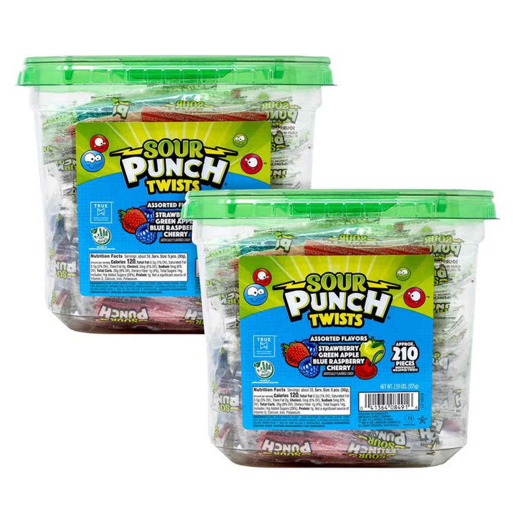 AMERICAN LICORICE COMPANY Sour Punch® 60004078 Twists, Variety, 2.59 lb Tub, Approx. 210 Pieces/Tub, 2 Tubs