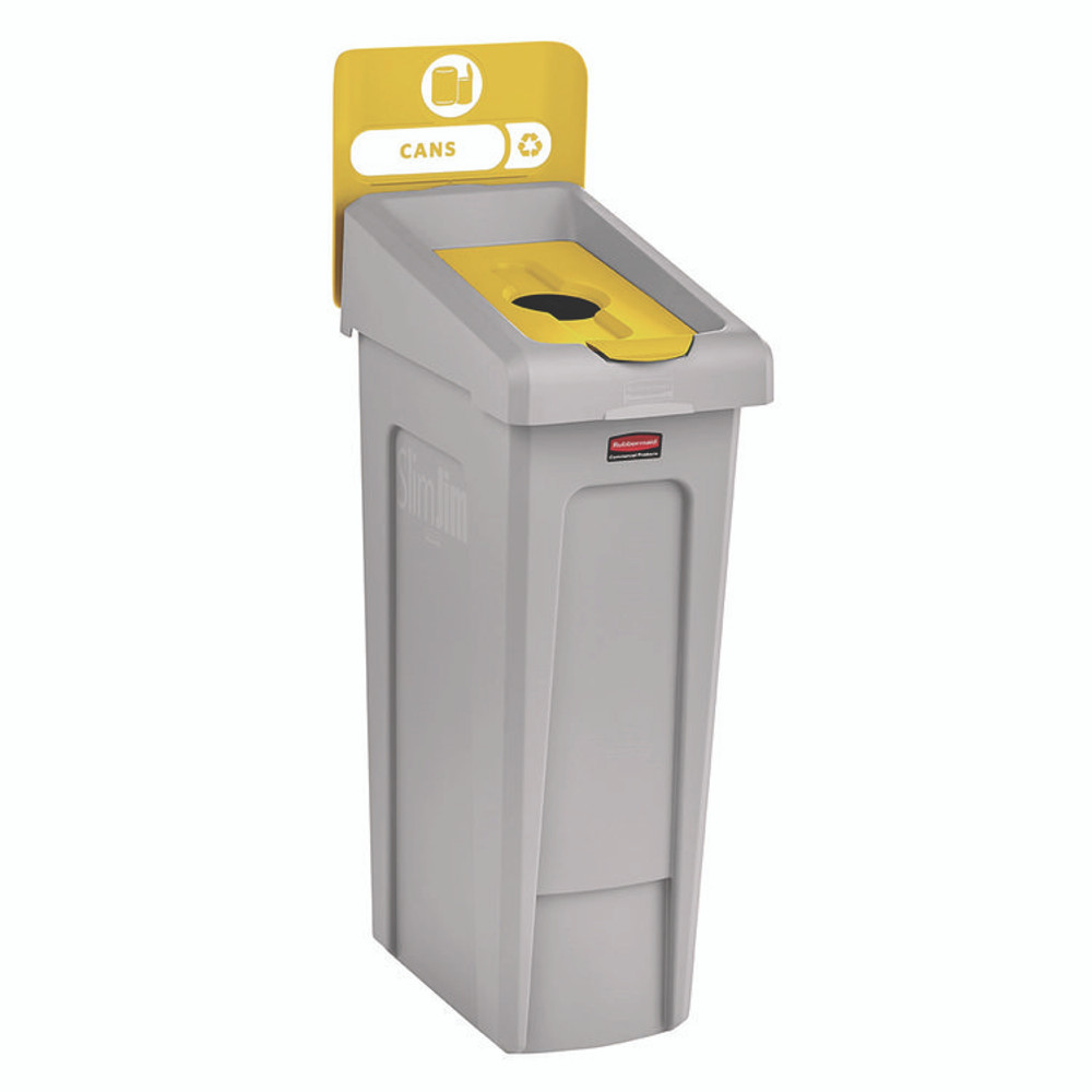 RUBBERMAID COMMERCIAL PROD. 2185052 Slim Jim Recycling Station Kit, 1-Stream Bottles and Cans, 23 gal, Plastic, Yellow/Gray