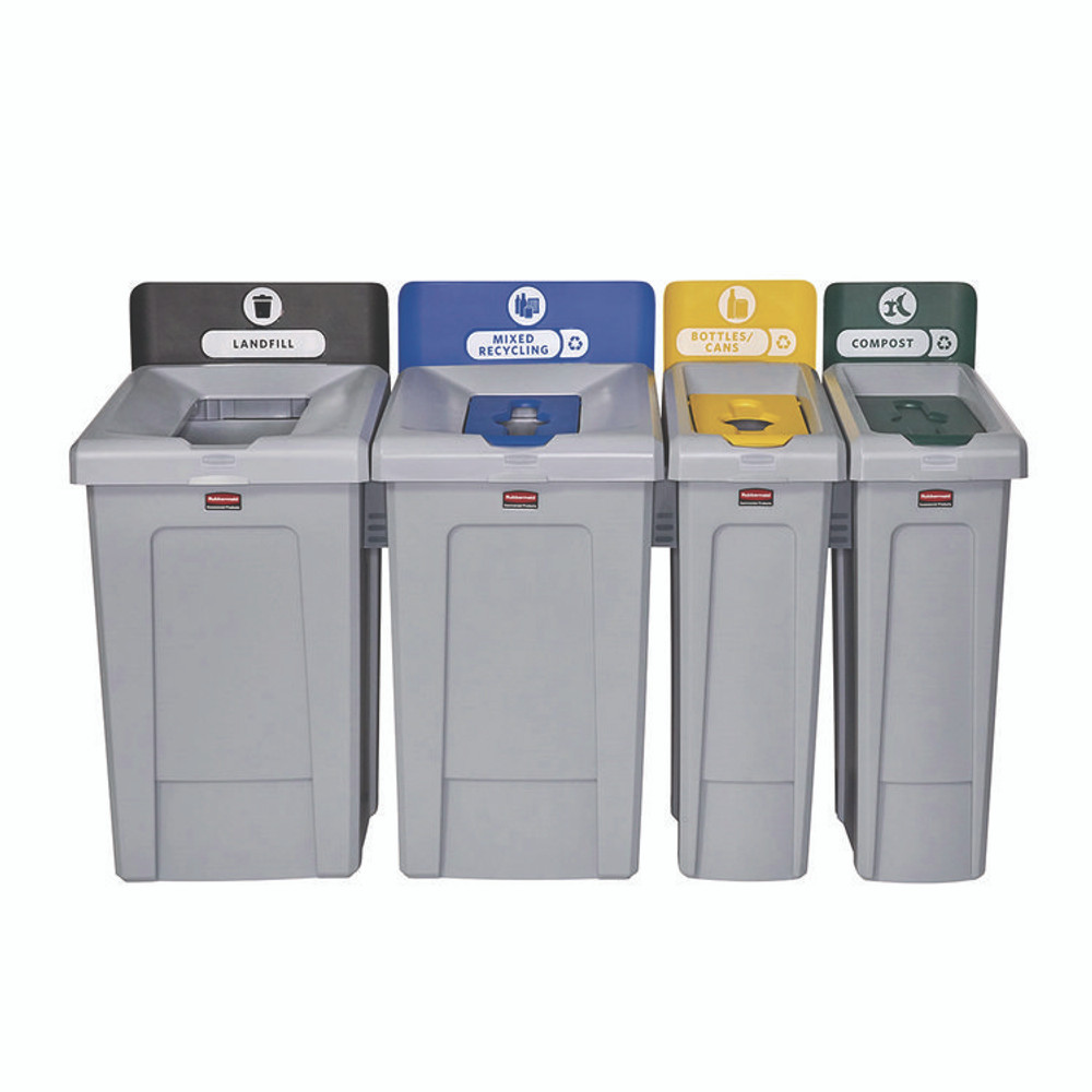 RUBBERMAID COMMERCIAL PROD. 2185052 Slim Jim Recycling Station Kit, 1-Stream Bottles and Cans, 23 gal, Plastic, Yellow/Gray