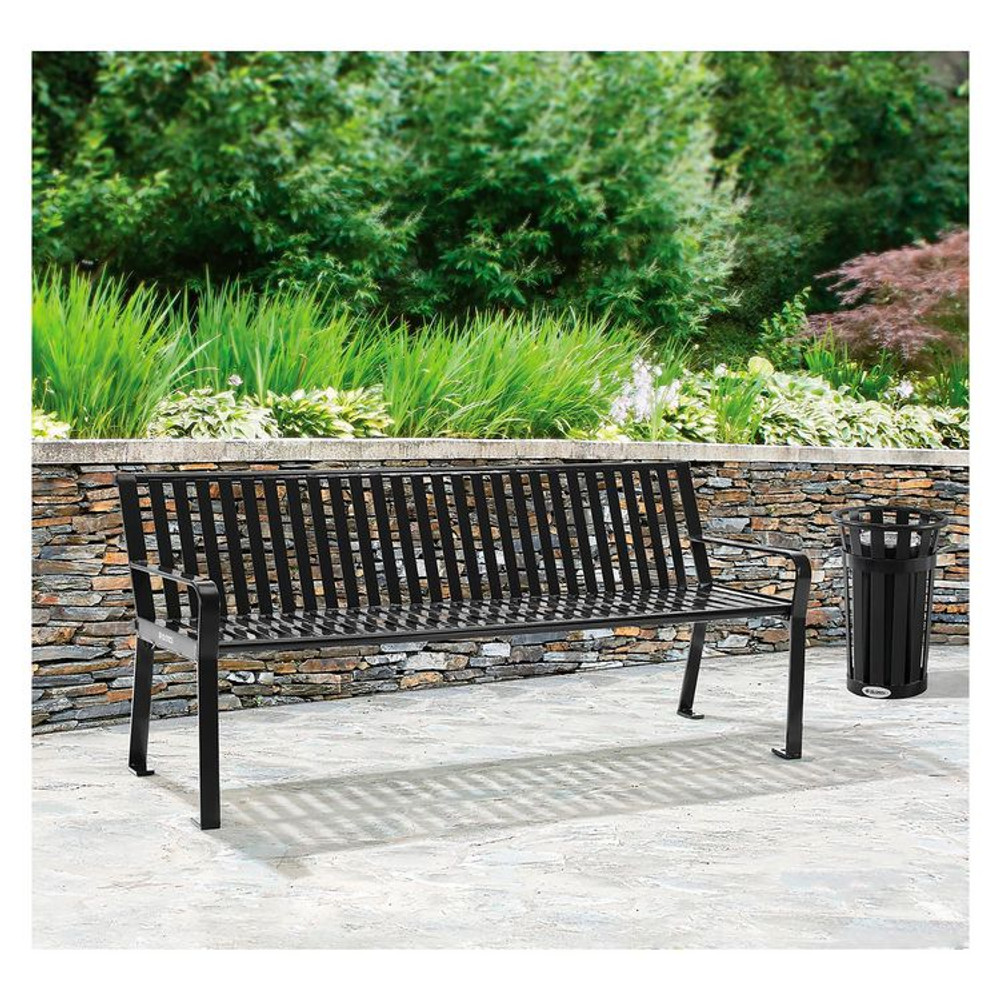 GLOBAL INDUSTRIAL 694854BKKD Steel Slat Benches with Back, 72 x 26 x 31, Black