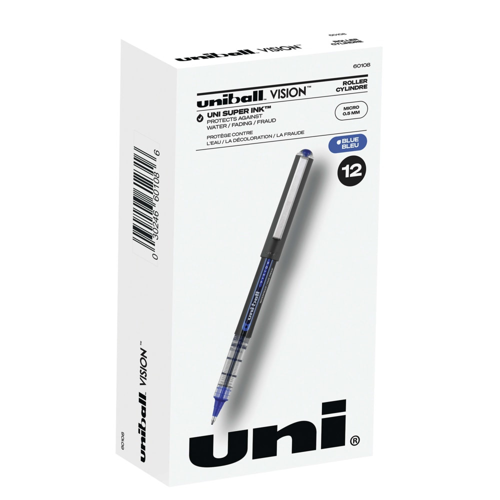 NEWELL BRANDS INC. Uni-Ball 60108  Vision Rollerball Pens, Micro Point, 0.5 mm, Black Barrel, Blue Ink, Pack Of 12