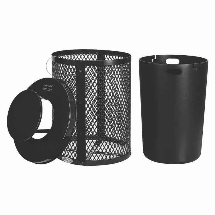 GLOBAL INDUSTRIAL 261926BK Outdoor Diamond Steel Trash Can, Rain Bonnet Lid, 36 gal, Black