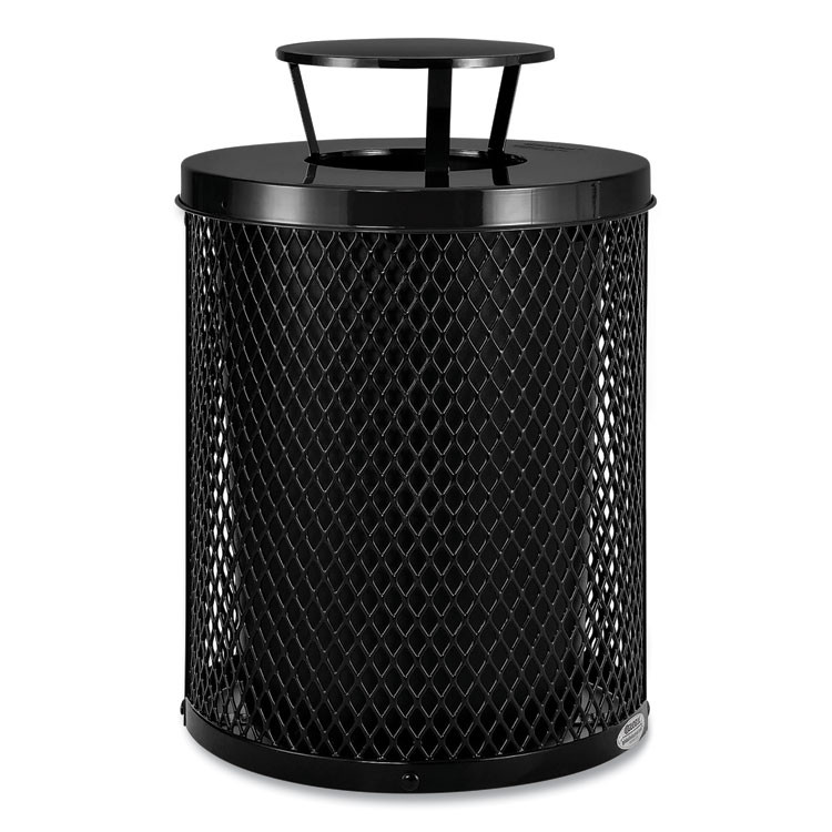 GLOBAL INDUSTRIAL 261926BK Outdoor Diamond Steel Trash Can, Rain Bonnet Lid, 36 gal, Black