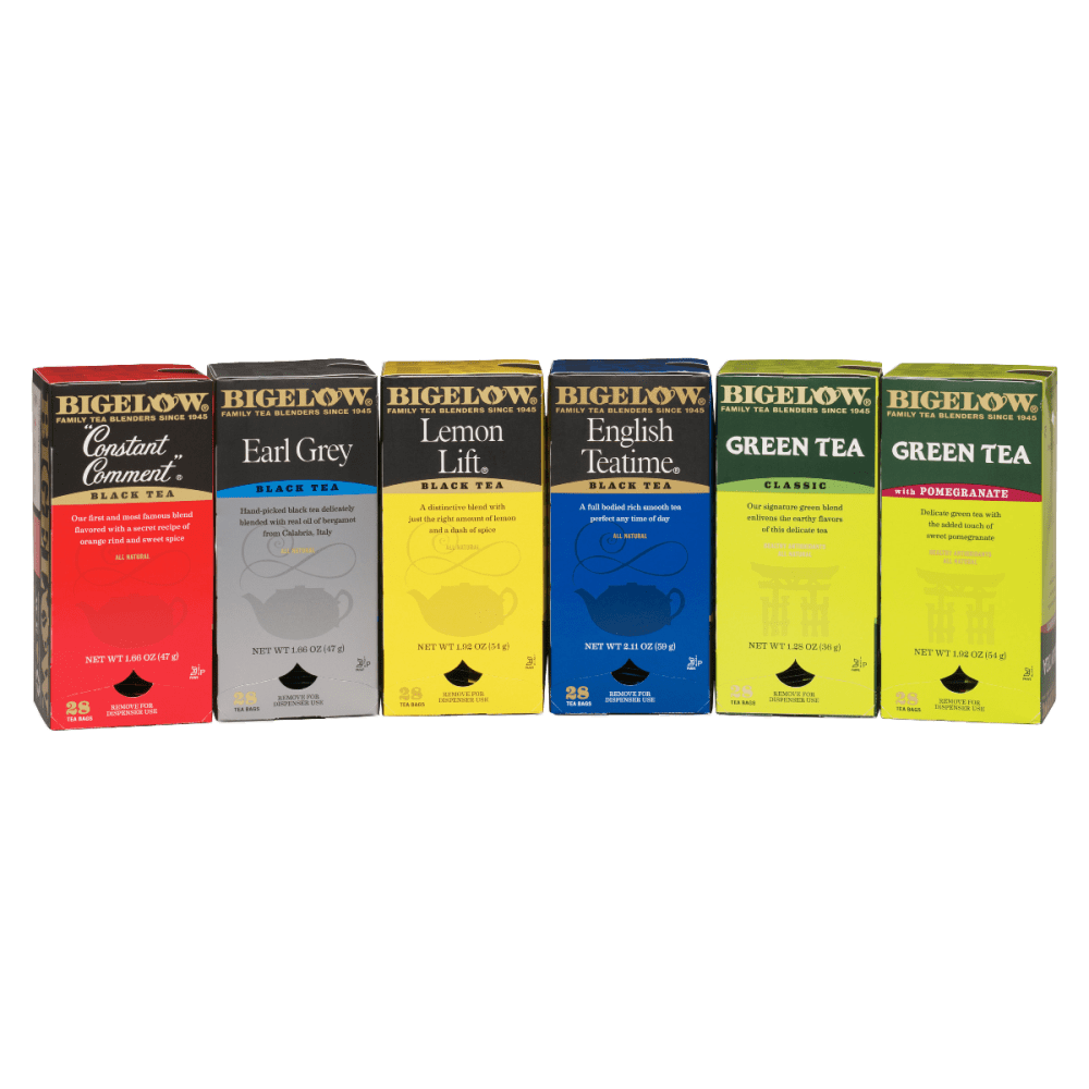 A half-dozen tea flavors to soothe you all week long!  Assortment of 6 different tea flavors. Includes Earl Grey, Constant Comment, Lemon Lift, English Teatime, Pomegrante Grean Tea and Green Tea.  The individually wrapped tea bags come in handy self-dispensing boxes.  Contains Recycled Content - See Specs for Details.