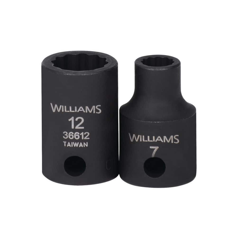 Williams JHW36616 Impact Sockets; Number Of Points: 12 ; Drive Style: Square ; Overall Length (mm): 28.57mm ; Material: Steel ; Finish: Black Oxide ; Insulated: No