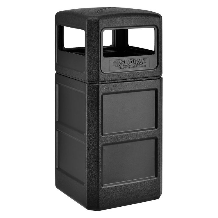 GLOBAL INDUSTRIAL 641414BK Square Plastic Waste Receptacle, Dome Lid with Open Sides, 42 gal, Black