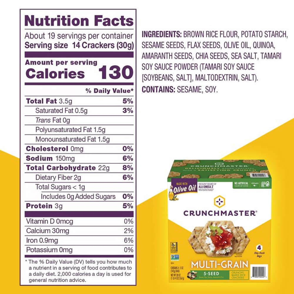TH FOODS, INC. Crunchmaster® 60004077 5-Seed Multi-Grain Crunchy Oven Baked Crackers, Original, 5 oz Bags, 4/Box, 2 Boxes/Carton