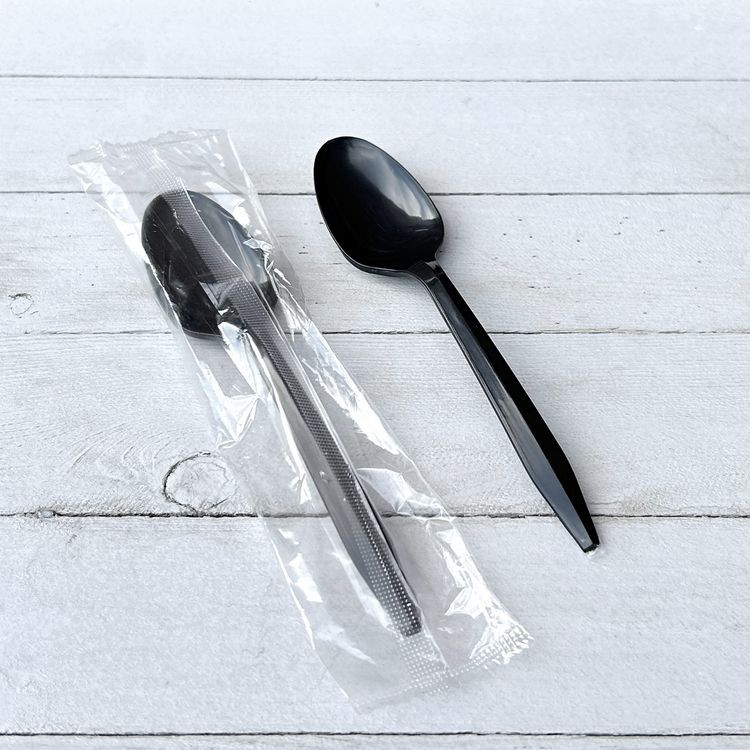 BOARDWALK SPOONBLPPIW Mediumweight Polypropylene Cutlery, Individually Wrapped, Spoon, Plastic, Black, 1,000/Carton