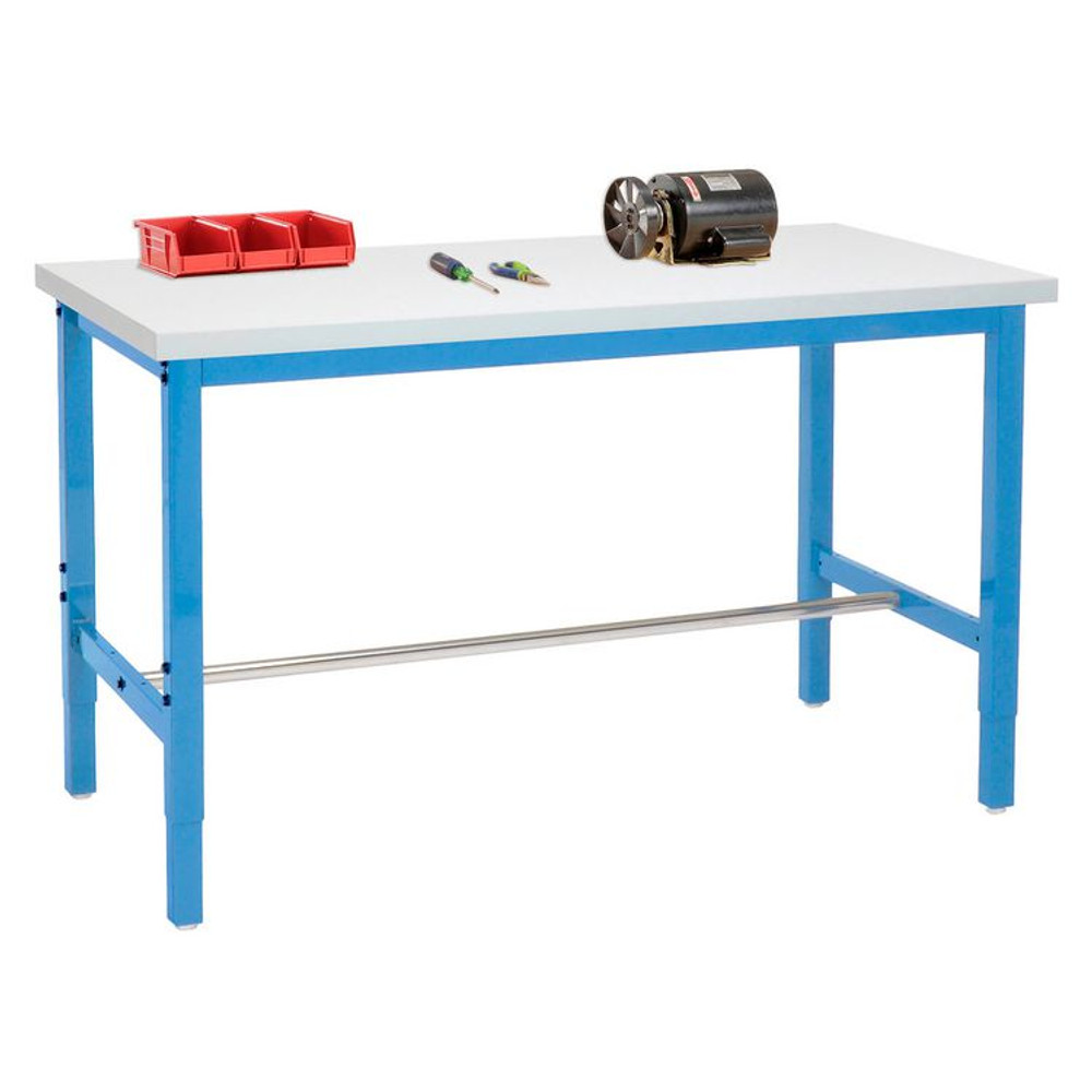 GLOBAL INDUSTRIAL 606975BL Adjustable Height Heavy Duty Workbenches, 5,000 lbs, 48 x 36 x 31.63 to 43.63, White/Blue