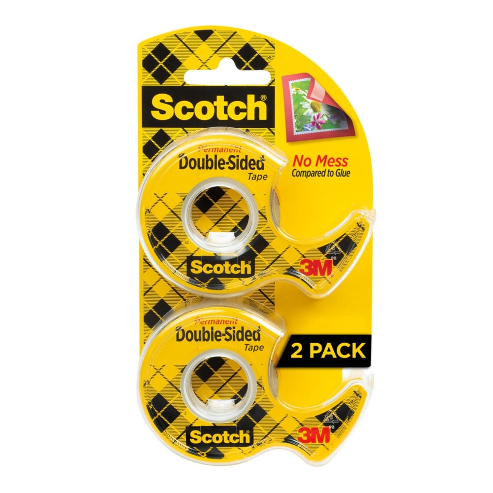 For the light duty attaching you do for activities around the house, get it done fast and get it done right without the drips, clogs and air bubbles of glue. Scotch Double Sided Tape the neat, clean, strong and long lasting way to take care of school projects, scrapbooks, photo albums all those important presentations that need to come together. Scotch Double Sided Tape is easy to use and wonT create a mess like the way glue does. It smoothly glides off the easy to use Scotch Tape dispenser (included), cuts cleanly and right where you want to cut so no waste. For a better way to present all the wonderful things in life.  Both sides coated with permanent adhesive.  No glue mess.  Cleaner way to create and craft presentations for home and for school vs. glue.  Holds things together without being seen.  Dispenser included:  Refills easily, stores away conveniently, always ready.  Glides off roll smoothly, cuts easily.  Photo safe.  No liner.  Great for activities like crafting, scrapbooking, making cards and creating presentations.  Great for quick fixes, mounting or additions to your project.  Easy-to-apply design that doesnT dry out.  Made in the USA with Globally Sourced Materials  Tape contains 18% bio-based content (derived from cellulose) by weight