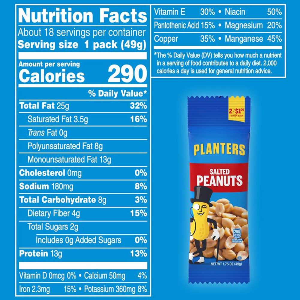 KRAFT FOODS, INC Planters® 60004060 Salted Peanuts, 1.75 oz Pack, 18 Packets/Box, 2 Boxes/Carton