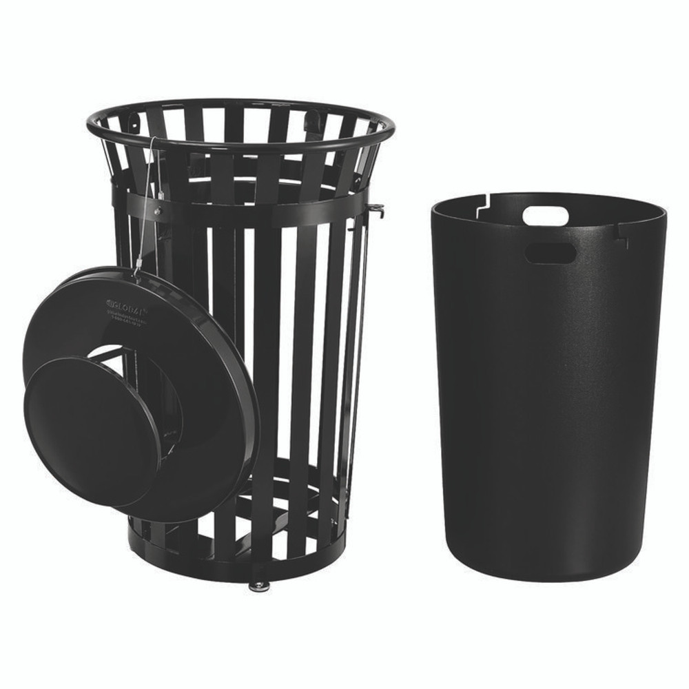 GLOBAL INDUSTRIAL 261941BK Outdoor Slatted Steel Trash Can, With Access Door and Rain Bonnet Lid, 36 gal, Black