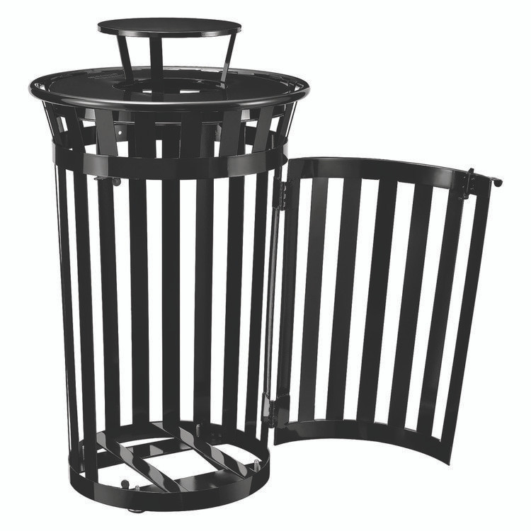 GLOBAL INDUSTRIAL 261941BK Outdoor Slatted Steel Trash Can, With Access Door and Rain Bonnet Lid, 36 gal, Black