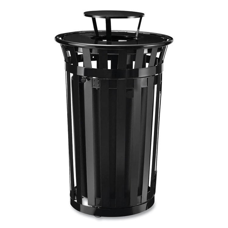 GLOBAL INDUSTRIAL 261941BK Outdoor Slatted Steel Trash Can, With Access Door and Rain Bonnet Lid, 36 gal, Black