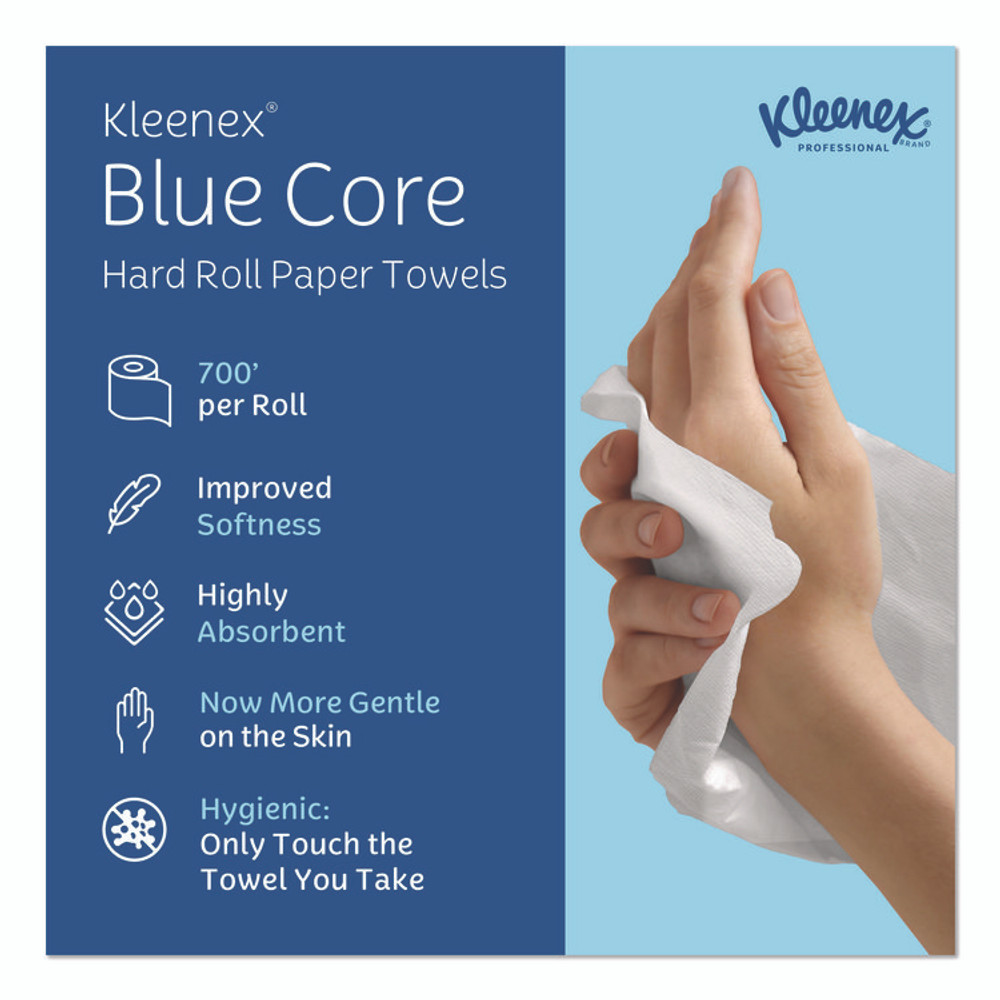 KIMBERLY-CLARK PROFESSIONAL Kleenex® 25639 Hard Roll Paper Towels with Premium Absorbency Pockets with Colored Core, Gray Core, 1-Ply, 7.5" x 700 ft, White, 6 Rolls/CT