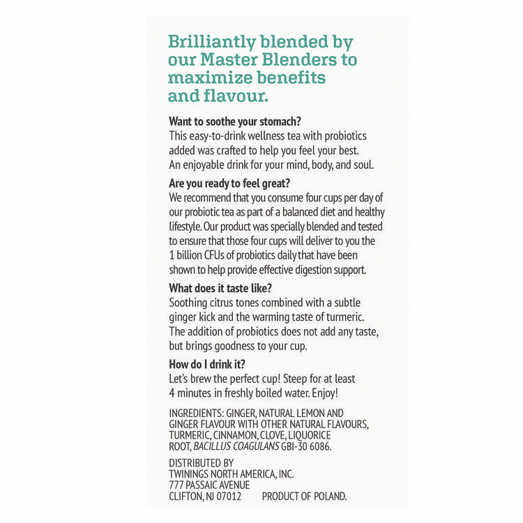 TWININGS NORTH AMERICA INC TNA95223 Probiotics Lemon and Ginger Herbal Tea Bags, 0.05 oz, 18/Box