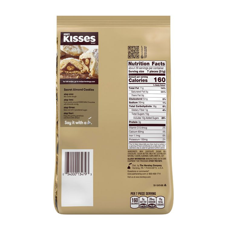 THE HERSHEY COMPANY Hershey®'s 60004091 KISSES with Almonds, Milk Chocolate, 32 oz Pack, 2 Packs/Carton
