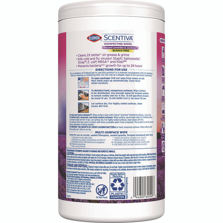 CLOROX SALES CO. 60040 Scentiva Bleach Free Cleaning Wipes, 7.75 x 7, Tuscan Lavender and Jasmine, 75/Canister
