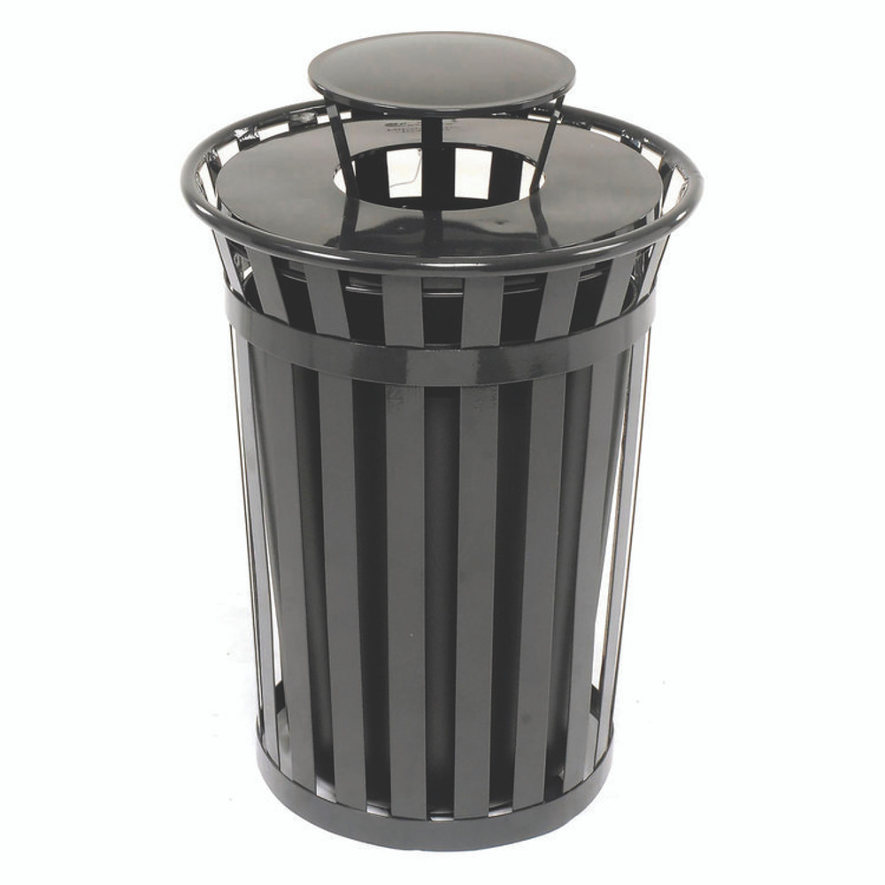 GLOBAL INDUSTRIAL 260804BK Outdoor Slatted Steel Trash Can, Rain Bonnet Lid, 36 gal, Black
