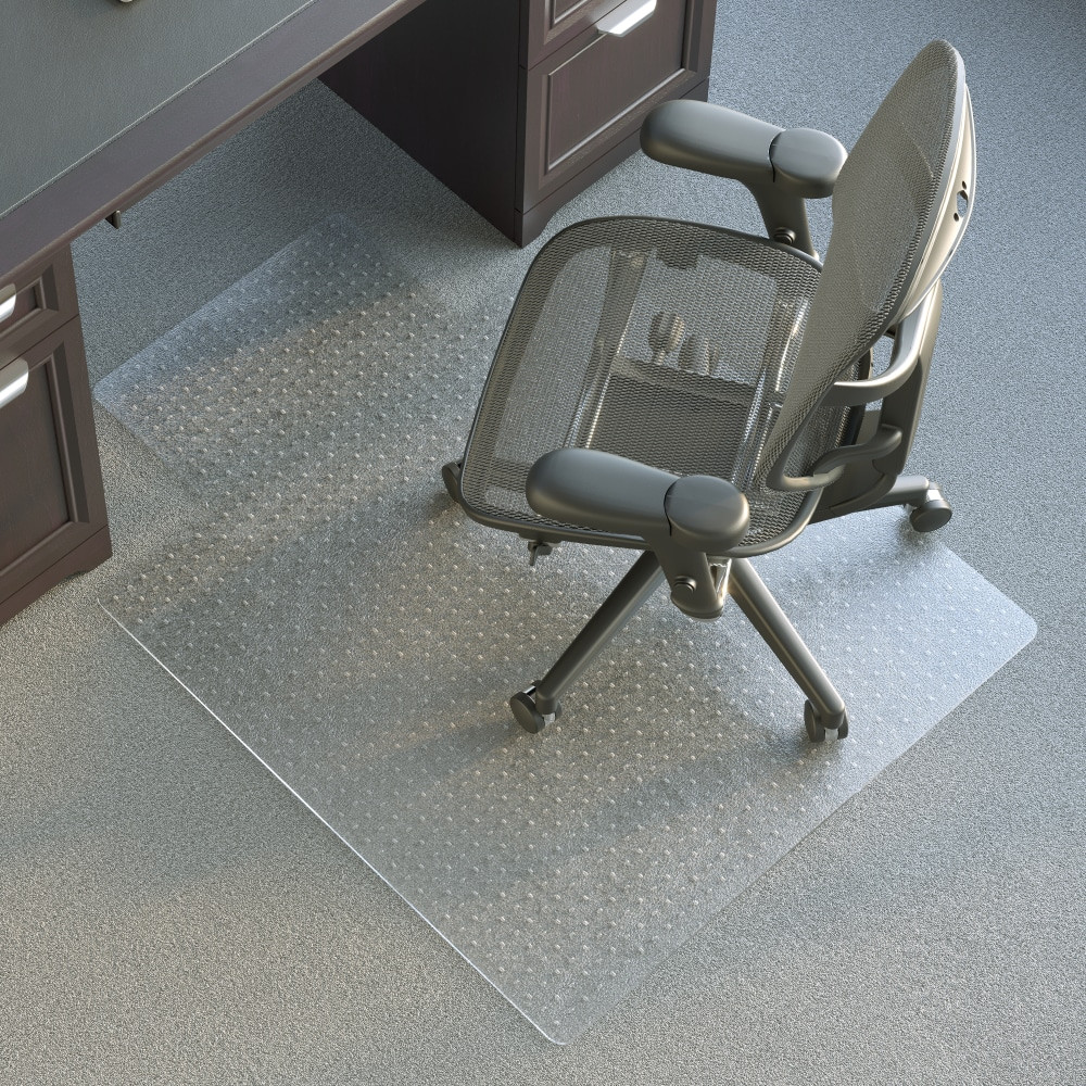 Extend the life of your carpet with a Realspace chair mat. Realspace chair mats provide a protective layer between chair wheels and carpet, helping to prevent wear in frequently used workstations. Designed with a smooth rolling surface, Realspace chair mats improve comfort by making it easier to move around your workspace. Realspace chair mats for carpet are made with clear vinyl and a studded backing to keep chair mat in place. Select a chair mat designed for your carpet thickness for optimum support and protection.  Durable vinyl construction.  Protects flat commercial pile carpeting up to 1/4in deep from wear-and-tear.  Smooth rolling surface.  Studded backing keeps mat in place.  Lipped shape for extended under desk floor protection.  Designed for use on carpeted surfaces only, do not use on hard floors.  Clear rectangular 36inW x 48inD chair mat with lip.  GREENGUARD Gold certified  - certified for low chemical emissions: UL.COM/GG - UL 2818. Ranked in two tiers: Certified and Gold.  Tested to meet ANSI/BIFMA Performance Standards - Manufacturer testing has been conducted on this product to meet specific performance requirements and safety standards set forth by the American National Standards Institute (ANSI) and the Business and Institutional Furniture Manufacturers.  Less harsh chemicals - made with fewer harsh chemicals, or safer chemicals than typical alternatives, helping  reduce your use of and exposure to substances that may be more harmful to your health and the environment.