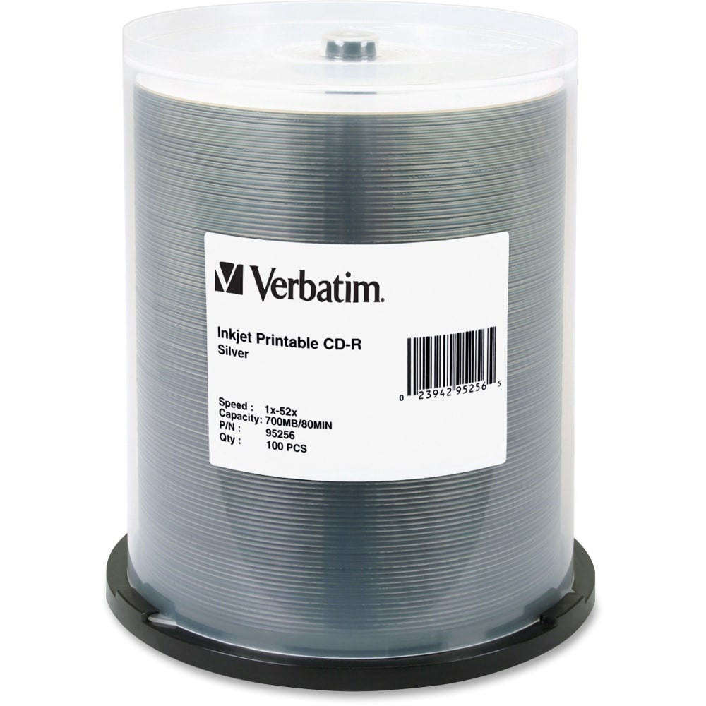 VERBATIM AMERICAS LLC 95256 Verbatim Inkjet-Printable CD-R Disc Spindle, Silver, Pack Of 100