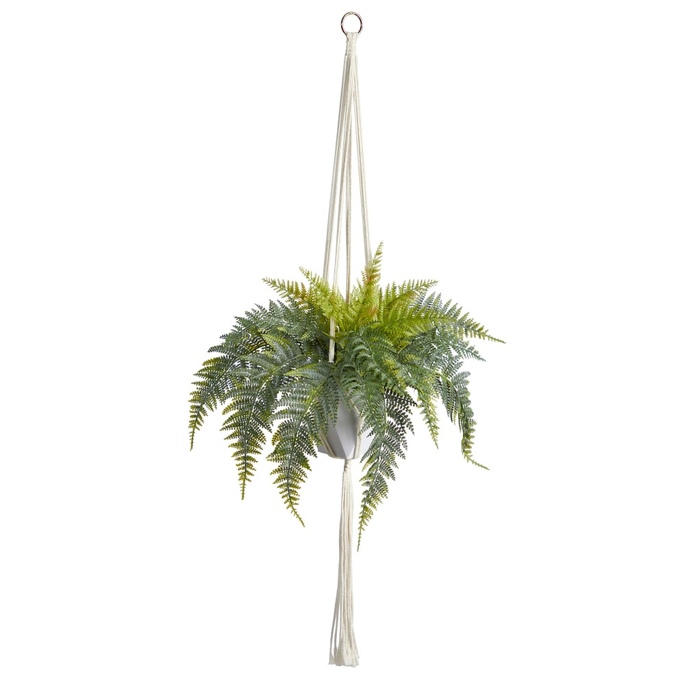 NEARLY NATURAL INC. Nearly Natural P1805  Hanging Fern 25inH Artificial Plant With Decorative Basket, 25inH x 16inW x 12inD, Green/White