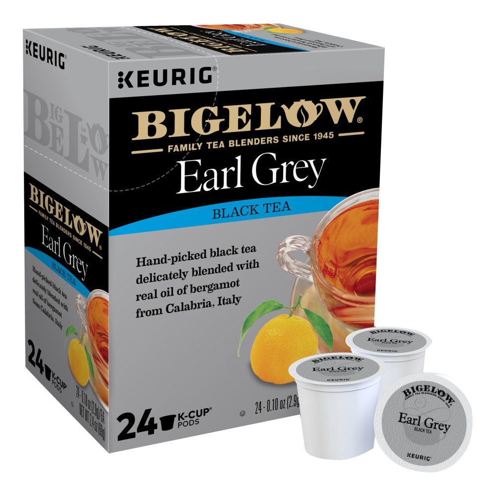 Delicately scented with an aristocratic blend, this Bigelow Earl Grey tea will delight your taste buds. Get these black tea K-Cup pods, and quickly brew a piping-hot cup of tea anytime.  An international favorite.  Each K-Cup Pod has a built-in coffee filter - no measuring and no mess.  K-Cup Pods are designed for use in single-cup brewing systems.  Includes a box of 24 Earl Grey black tea pods.  Bigelow is not affiliated with Keurig or K-Cup. K-Cup is a registered trademark of Keurig Incorporated.