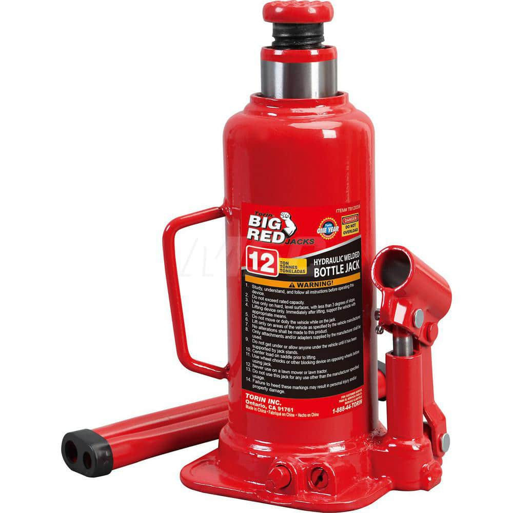 Big Red T91203B Manual Bottle, Screw, Ratchet & Hydraulic Jacks; Jack Type: Hydraulic Bottle Jack ; Load Capacity (Tons): 12 ; Minimum Height (Inch): 9-1/8 ; Minimum Height (Decimal Inch): 9.1250 ; Maximum Height (Inch): 18.2500 ; Maximum Height (Inc