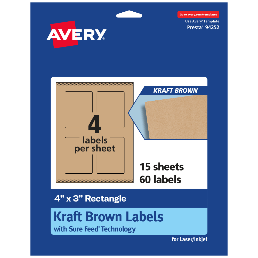 AVERY PRODUCTS CORPORATION 94252-KMP15 Avery Kraft Permanent Labels With Sure Feed, 94252-KMP15, Rectangle, 4in x 3in, Brown, Pack Of 60