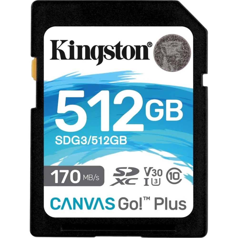 KINGSTON TECHNOLOGY CORPORATION Kingston SDG3/512GB  Canvas Go! Plus SDG3 512 GB Class 10/UHS-I (U3) SDXC - 170 MB/s Read - 90 MB/s Write