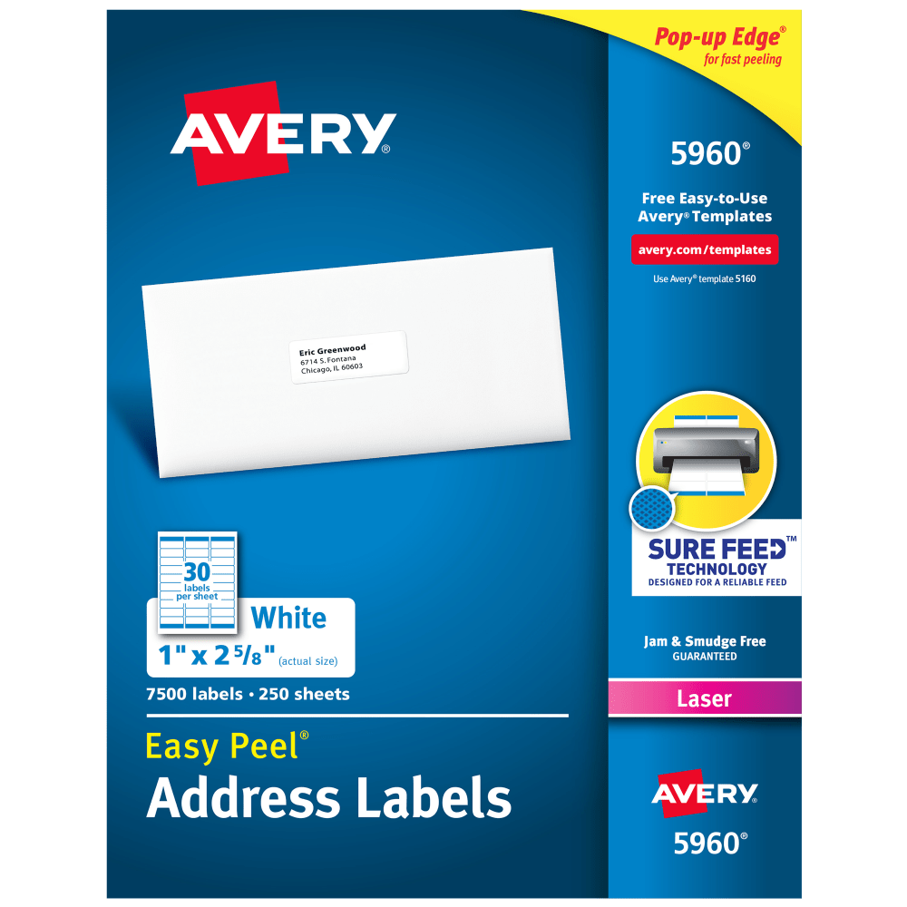 Take charge of all your mailing, shipping, identification and organization jobs with Avery address labels. Avery bright white labels blend better than basic labels on white envelopes. Avery labels provide better adhesion than basic labels with its Ultrahold permanent adhesive that sticks and stays, guaranteed.  Ultrahold permanent adhesive is guaranteed to stick and stay on envelopes, cardboard, paper, glass or metal.  No more wasted labels  Only Avery address labels feature Sure Feed technology to deliver a more reliable feed through your printer and prevent misalignments and jams.  Easy Peel design enables faster peeling and application.  Easily customize these printable labels with thousands of free designs at avery.com/templates.  Compatible with laser printers and optimized to produce text and graphics that are clear, crisp and smudge-free.  Forest Stewardship Council (FSC) certified - made from wood/paper that comes from forests managed to rigorous environmental and social standards, supported by the worlds leading conservation organizations.  Leadership forestry - from forests or sourcing programs that meet specific environmental standards, helping you support practices that better protect forests and the environment.