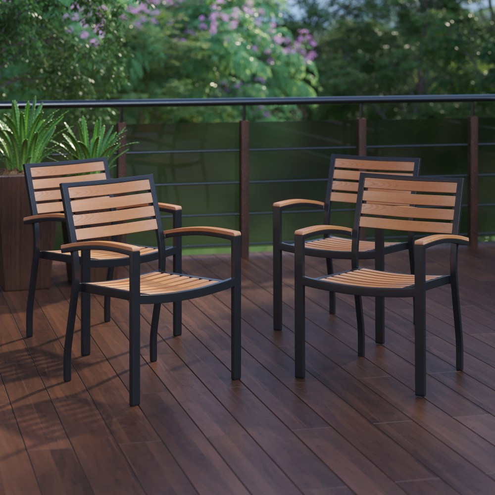 FLASH FURNITURE 4XUDGHW6006  Lark Outdoor Stackable Faux Teak Side Chairs, Teak/Black, Set Of 4 Chairs