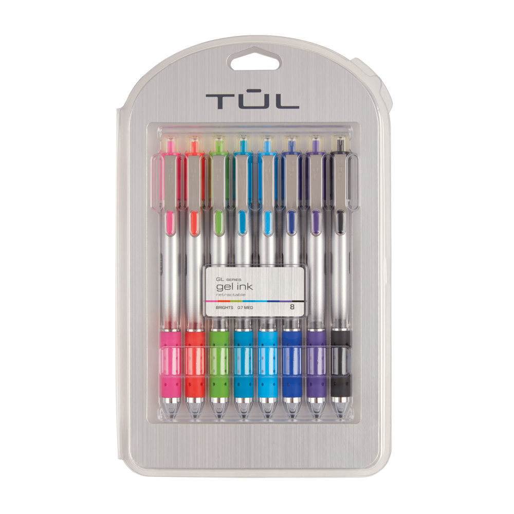 OFFICE DEPOT TUL BG07P8  GL Series Retractable Gel Pens, Medium Point, 0.7 mm, Silver Barrel, Assorted Bright Inks, Pack Of 8 Pens