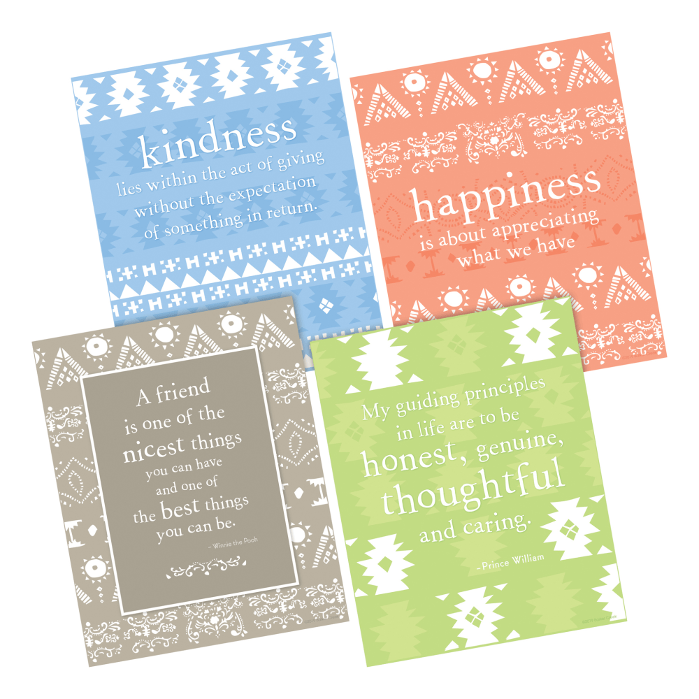 Creating a positive environment for learning can help motivate students to push past their boundaries. These colorful art prints provide kids with an inspiring quote that can spark their imaginations.  Eye-catching art prints contain motivational quotes that help nurture a positive learning environment.  Multi-design Set includes features beautiful colors and designs.  Each of the four pieces measures 8in x 10in.  These art prints are perfect for the classroom, workplace or home!  Frame them or hang them "as is"!  These colorful art prints have inspiring quotes that encourage kindness and thoughtfulness.  Multi-design set in soft, calming colors