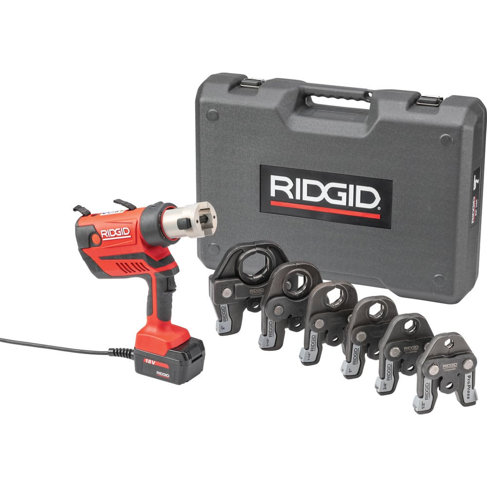 Ridgid 67068 Benders, Crimpers & Pressers; Type: Presser ; Maximum Pipe Capacity (Inch): 4 ; Overall Length (Inch): 11 ; Includes: RP 350 Press Tool; 120 Vac Adapter; 1/2 in to 2 in Pro Press Jaws; Carrying Case ; For Use With: Viega Propress & Megap
