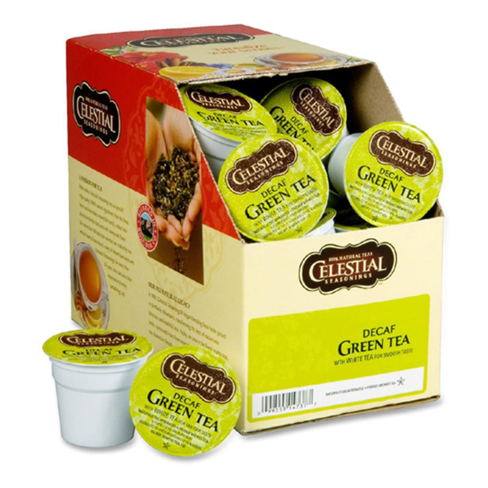Celestial Seasonings green tea is a full-bodied tea that you can enjoy anytime. Use these decaffeinated green tea K-Cup Pods in your single-serve brewer for convenient brewing.  Decaffeinated using a compound that occurs naturally in tea leaves.  Embraces the benefits of green tea without committing to the caffeine.  Each K-Cup Pod has a built-in filter - no measuring and no mess.  K-Cup Pods are designed for use in single-cup brewing systems.  Decaffeinated green tea comes in a box of 24.  Celestial Seasonings is not affiliated with Keurig or K-Cup. K-Cup is a registered trademark of Keurig Incorporated.