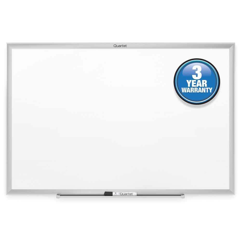 Write down and discuss ideas using this Quartet Classic whiteboard. The stain-resistant Total Erase surface wipes easily without ghosting, providing long-lasting use and clear writing, while the aluminum frame combines strength with style. An accessory tray holds your eraser and writing tools for convenient access. This Quartet Classic whiteboard arrives with one dry erase marker and mounting hardware for a stable writing platform.  Total Erase surface resists stains and ghosting for enhanced clarity.  Built-in accessory tray holds your eraser and markers.  Aluminum frame provides durability and versatile mounting.  Dimensions: 24inH x 36inW.  Backed by a limited 3-year manufacturers warranty.  Deliver clear writing and messages on the Total Erase surface; Keep your board streak-free with superior ghost and stain resistance; Silver aluminum frame adds classic style to your space; Easily install board with included mounting hardware; Comes with accessory tray and 1 dry-erase marker