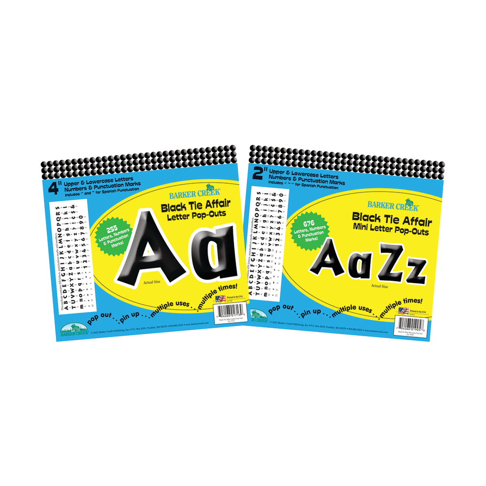 Bring your classroom displays to life with colorful letters, numbers and punctuation marks  Includes 2 sets of coordinating pop-outs for classroom decoration. Upper and lowercase letters, numbers, punctuation marks and Spanish punctuation marks let you make a variety of exciting designs.  Creates fun bulletin boards, displays and wall decorations.  Great for most grade levels.  2in and 4in letters can be easily seen throughout the classroom.