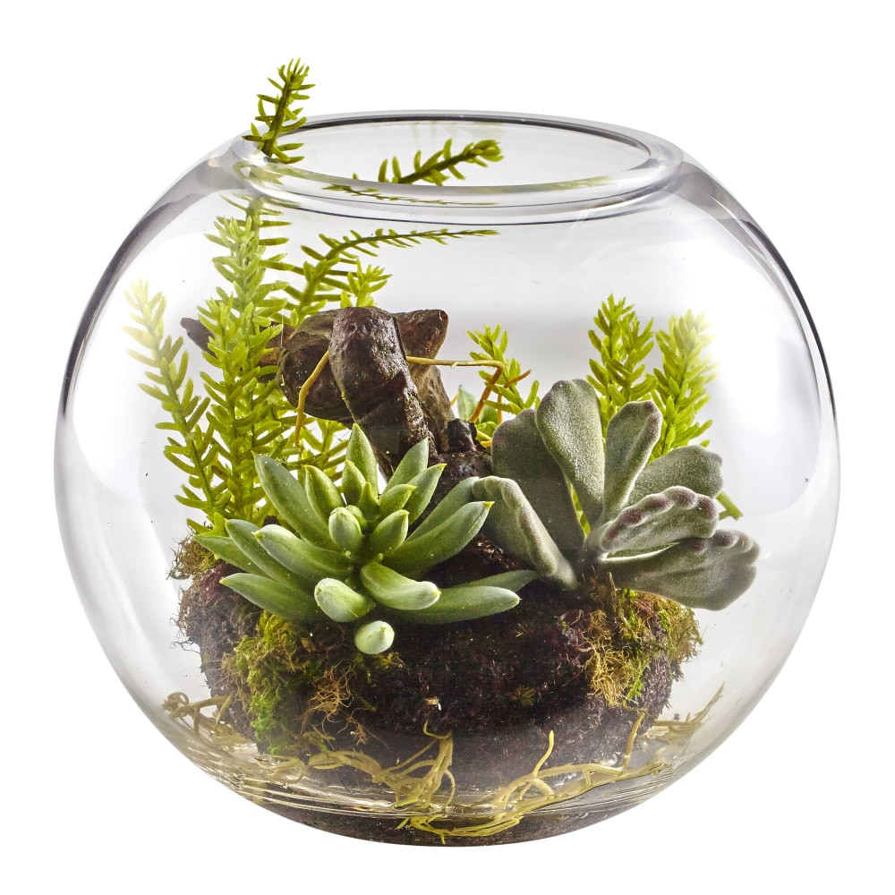 NEARLY NATURAL INC. 4564 Nearly Natural Mixed Succulents 6-1/2inH Plastic Garden With Glass Vase, 6-1/2inH x 8inW x 8inD, Green NEARLY NATURAL INC. 4564 Nearly Natural Mixed Succulents 6-1/2inH Plastic Garden With Glass Vase, 6-1/2inH x 8inW x 8inD, Green