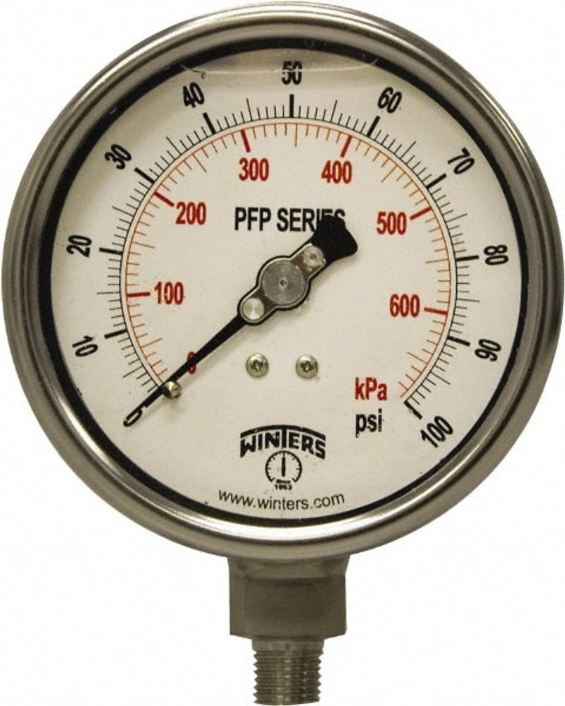 Winters PFP644950954SF. Pressure Gauge: 4" Dial, 1/4" Thread, NPT, Bottom Mount