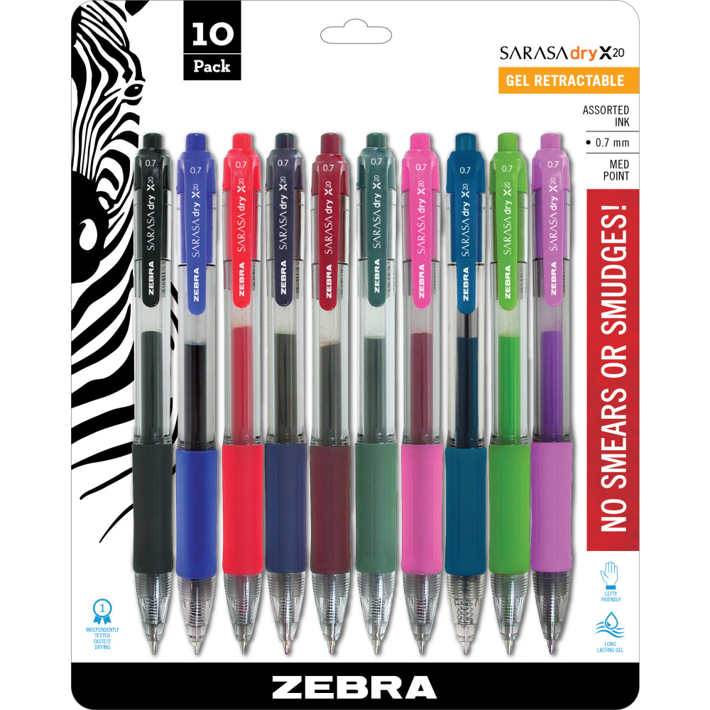 ZEBRA PEN CORP 46881 Zebra Pen SARASA Retractable Gel Pens, Pack Of 10, Medium Point, 0.7 mm, Clear Barrel, Assorted Ink Colors