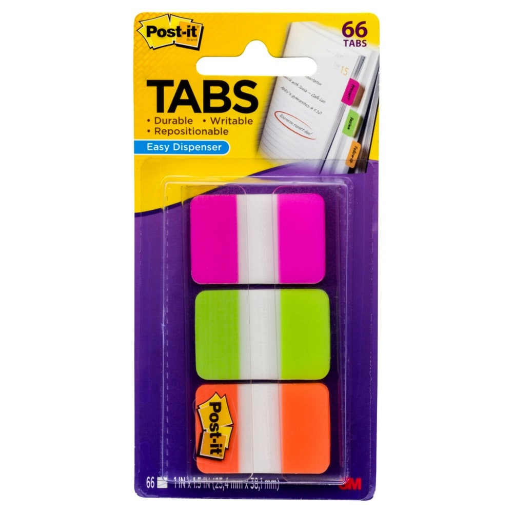 Post it Tabs in 1 inch size create necessary order by easily creating sections in planners, binders and calendars. Color bars give you flexibility to organize by color but also write on them, and reposition as needed. Tabs are durable. They are also great for planners, binders and file folders. Tabs stick securely and remove cleanly. Color code hanging files folders and according files quickly and easily. Large, easy to write on space which aids in organizing information quickly.  Durable. Writable. Repositionable.  Post-it Tabs create necessary order by allowing you to easily organize.  Pink, Green and Orange tabs give you flexibility to organize by color  Tabs are durable, you can write on them, and reposition as needed.  Sticks securely, removes cleanly when you are finished using them.  Easily create sections in notebooks, planners, binders, textbooks, cookbooks and more.  Extra thickness prevents wear and tear.
