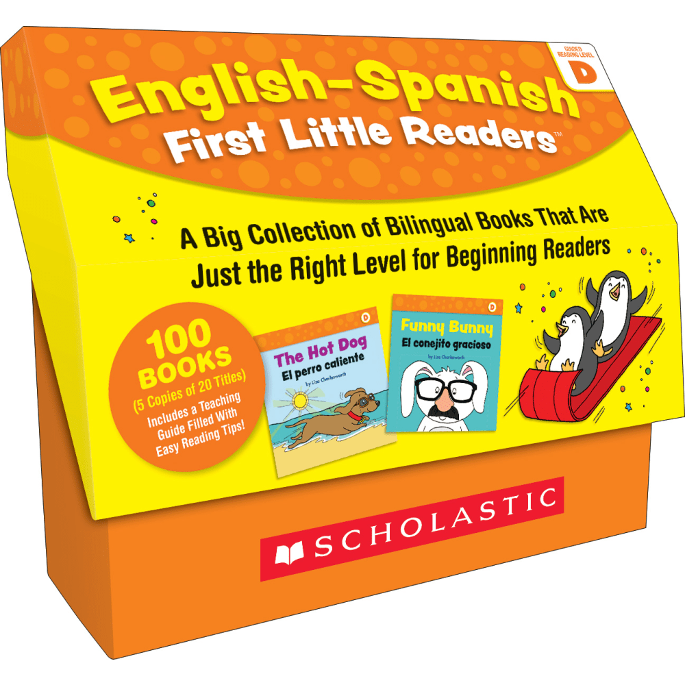 Motivate growing readers to keep learning and succeed with Scholastic Teacher Resources English-Spanish First Little Readers: Guided Reading Level D. Kid-friendly stories are great for learners of English and Spanish.  Includes 100 books: 5 each in 20 titles.  Great for English language learners or students learning Spanish.  Stories include kid-friendly topics.