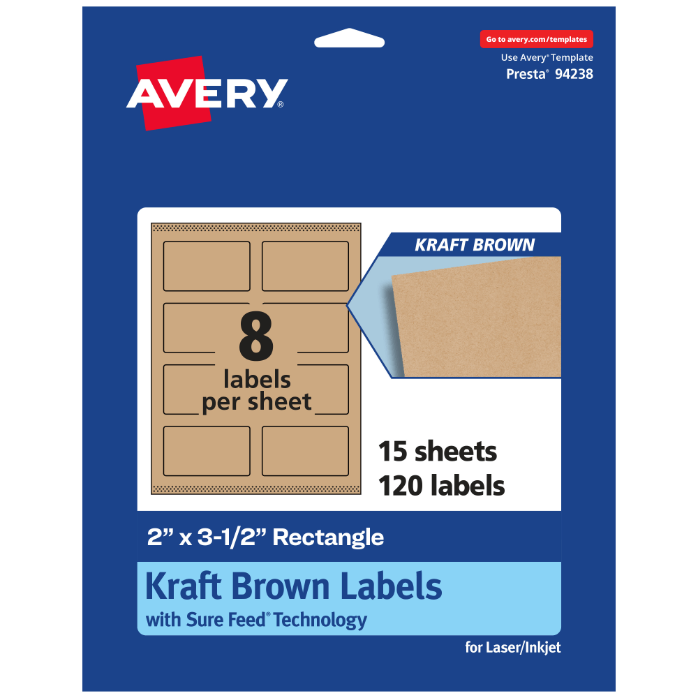 AVERY PRODUCTS CORPORATION 94238-KMP15 Avery Kraft Permanent Labels With Sure Feed, 94238-KMP15, Rectangle, 2in x 3-1/2in, Brown, Pack Of 120