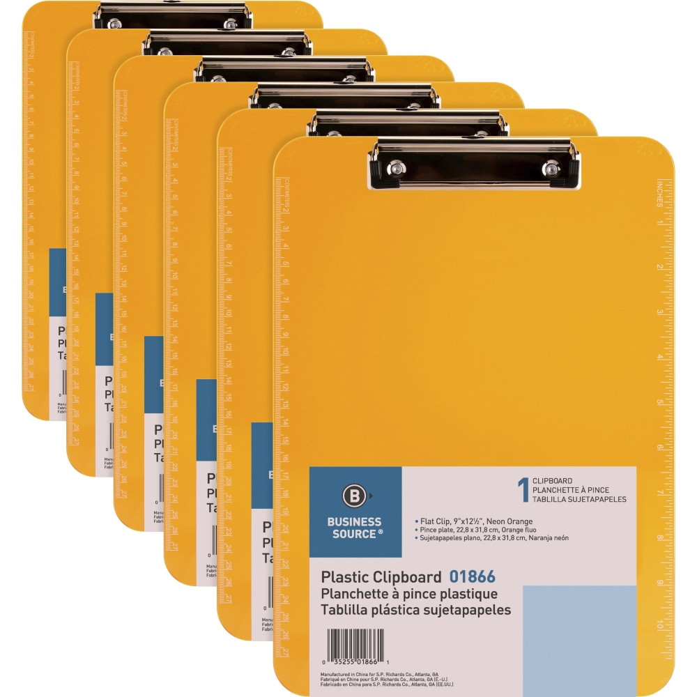 SP RICHARDS 01866BD Business Source Flat Clip Clipboard - 9in x 12in - Plastic - Neon Orange - 6 / Bundle