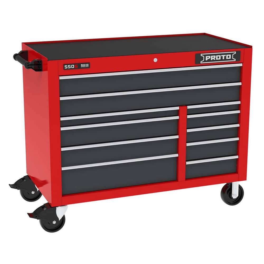 Proto J555041B-11SG Tool Roller Cabinets; Drawers Range: 10 - 15 Drawers ; Overall Weight Capacity: 900lb ; Top Material: Vinyl ; Color: Gray; Red ; Locking Mechanism: Keyed ; Width Range: 48" and Wider
