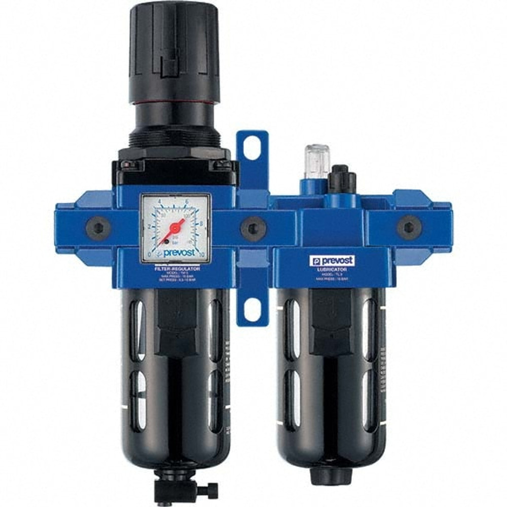 Prevost TB PSM203 FRL Combination Unit: 1/2 NPT, Standard, 2 Pc Filter/Regulator-Lubricator with Pressure Gauge