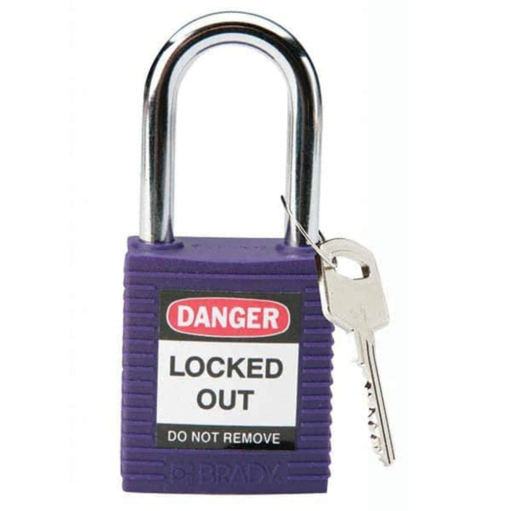 Brady 104919 Lockout Padlock: Keyed Different, Key Retaining, Nylon, Nylon Shackle, Purple